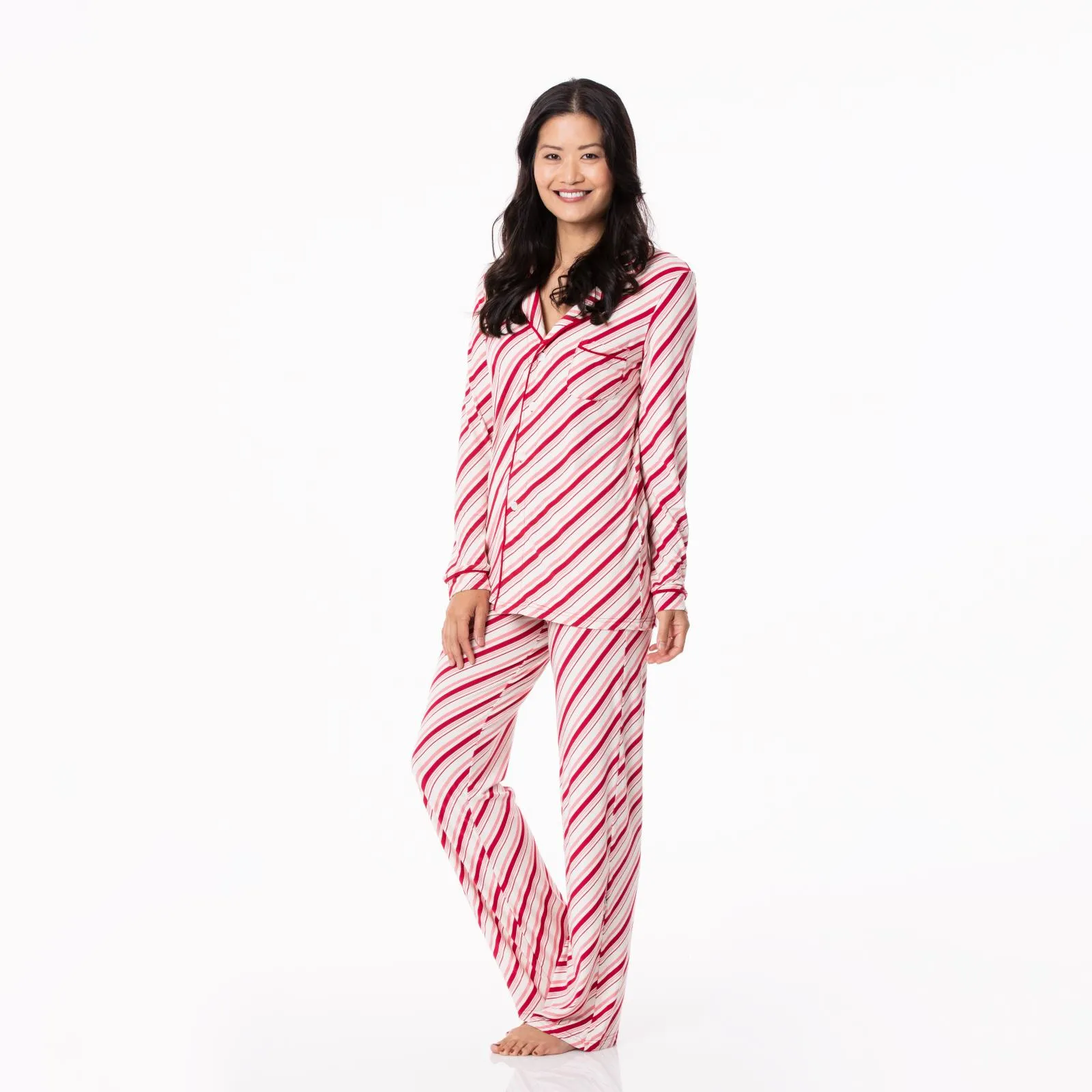 KicKee Pants Strawberry Candy Cane Stripe Women's L/S Collared Pajama Set