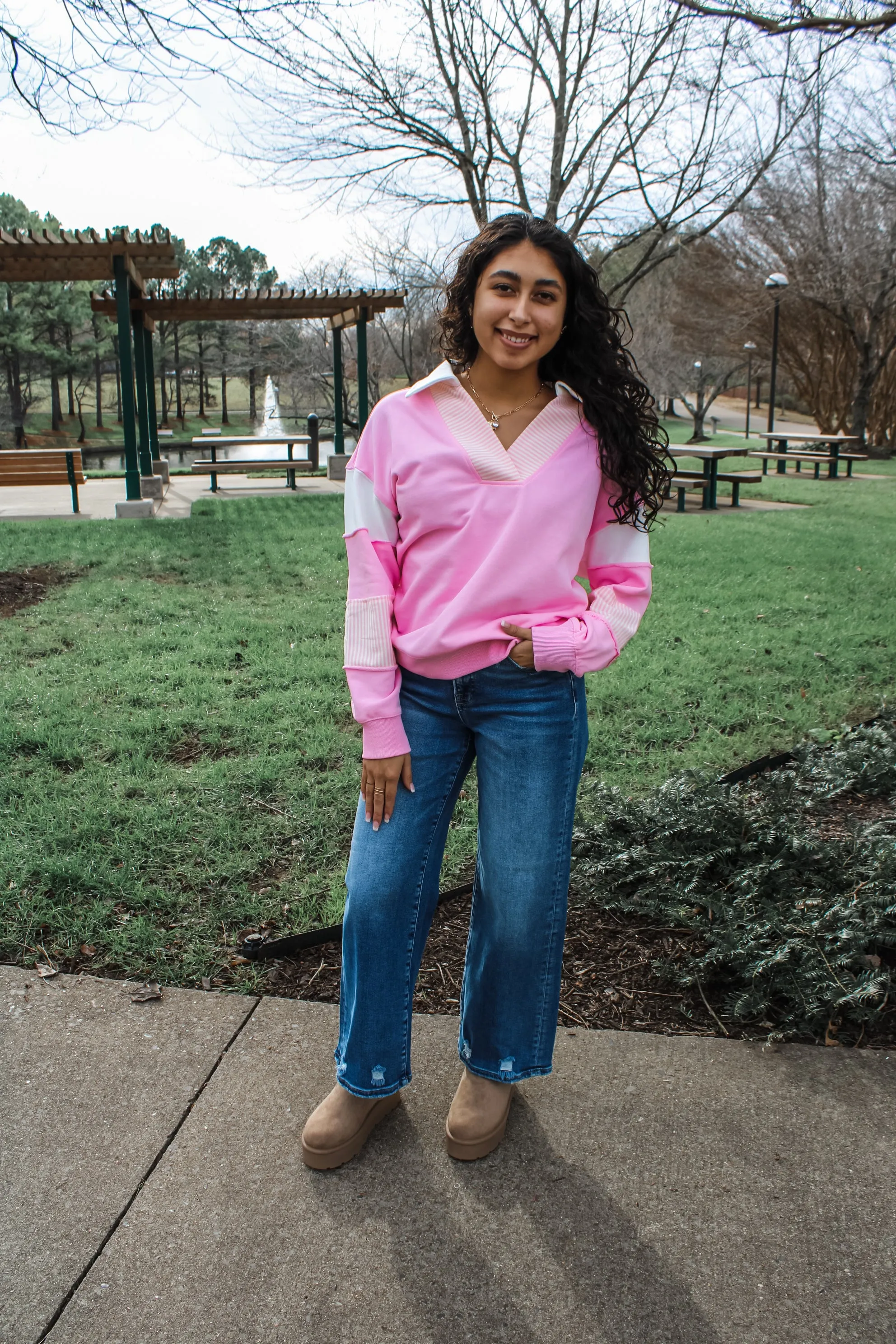 Leighton Polo Striped Pullover • Pink