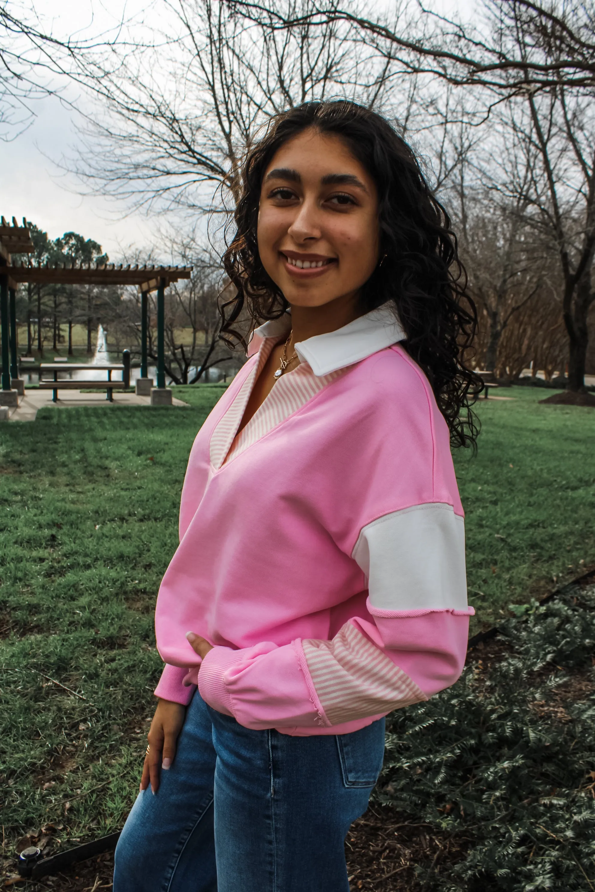 Leighton Polo Striped Pullover • Pink