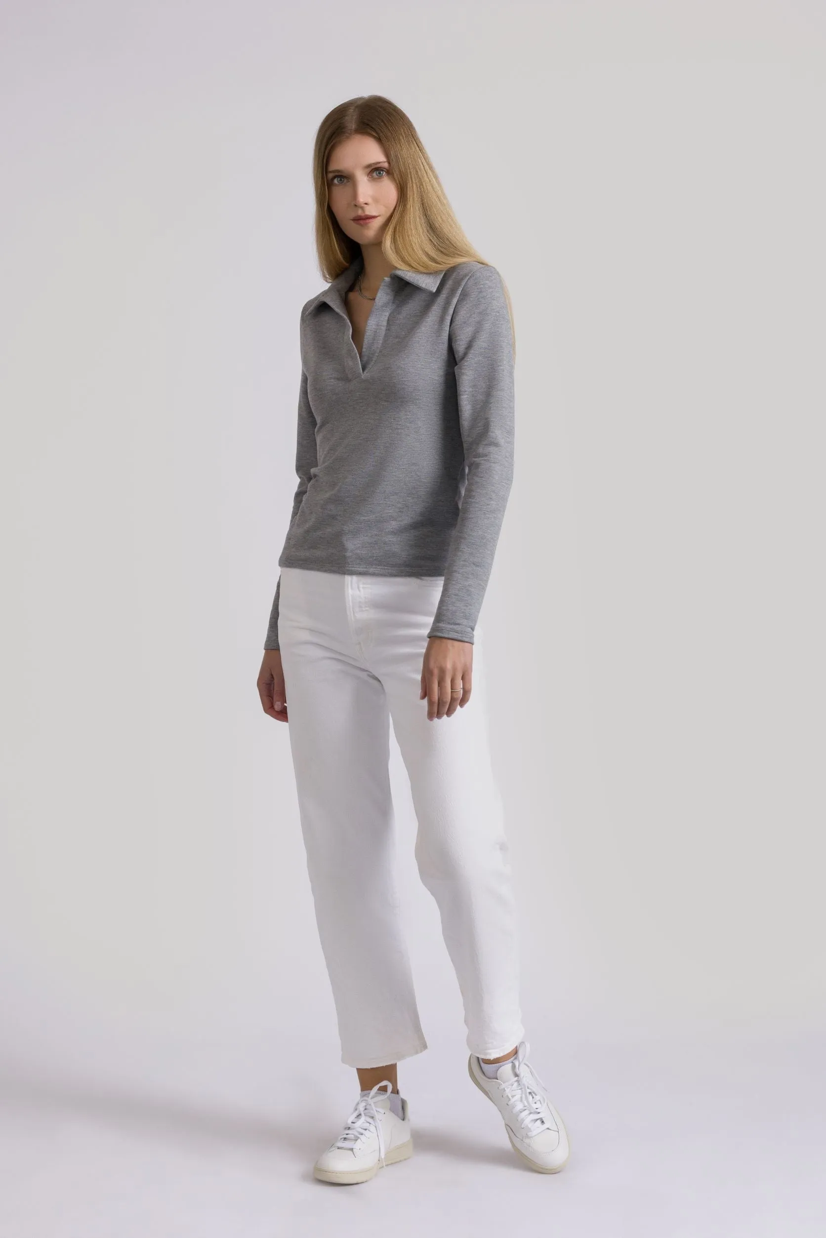 Lena Polo Knit Top Heather Grey