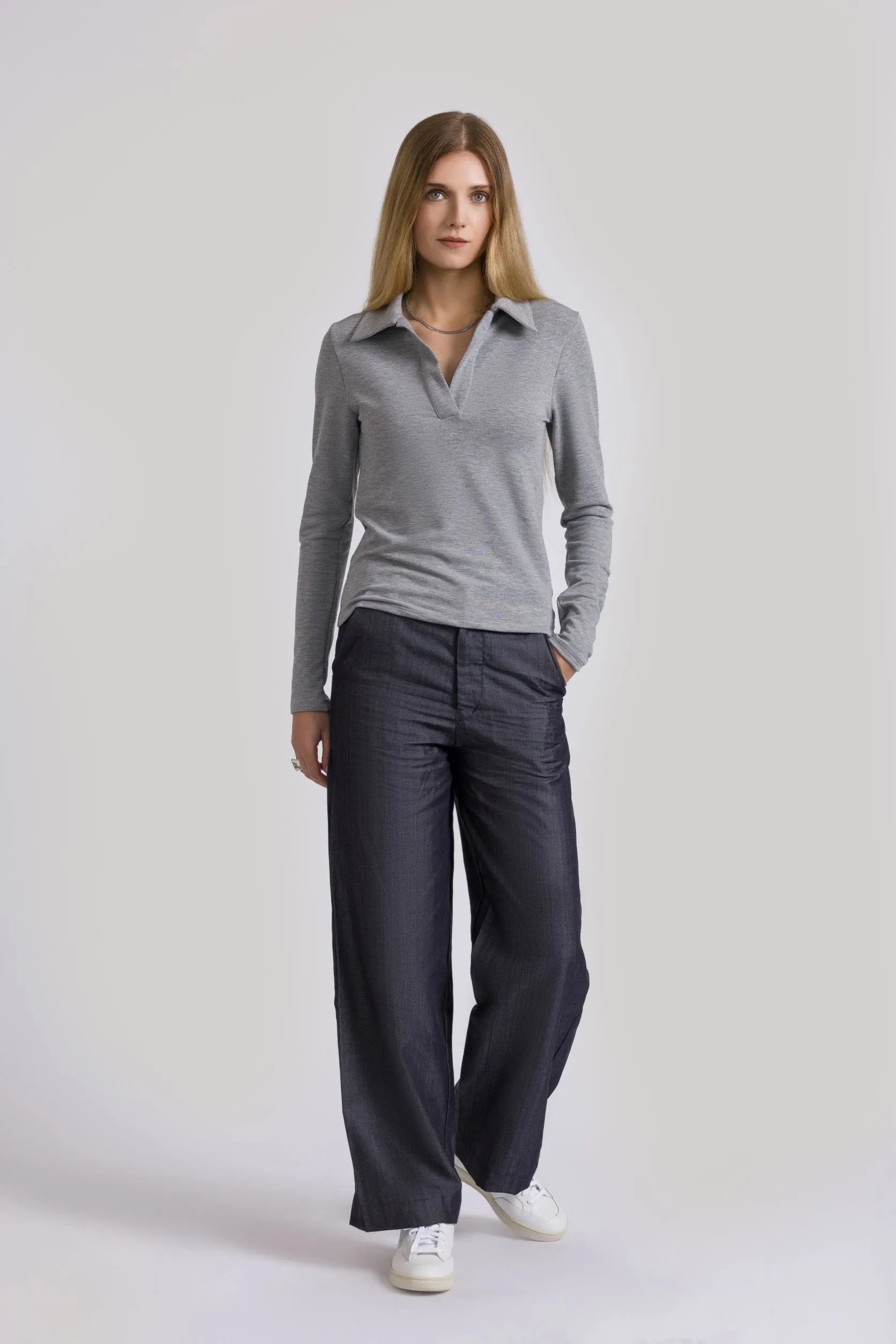 Lena Polo Knit Top Heather Grey