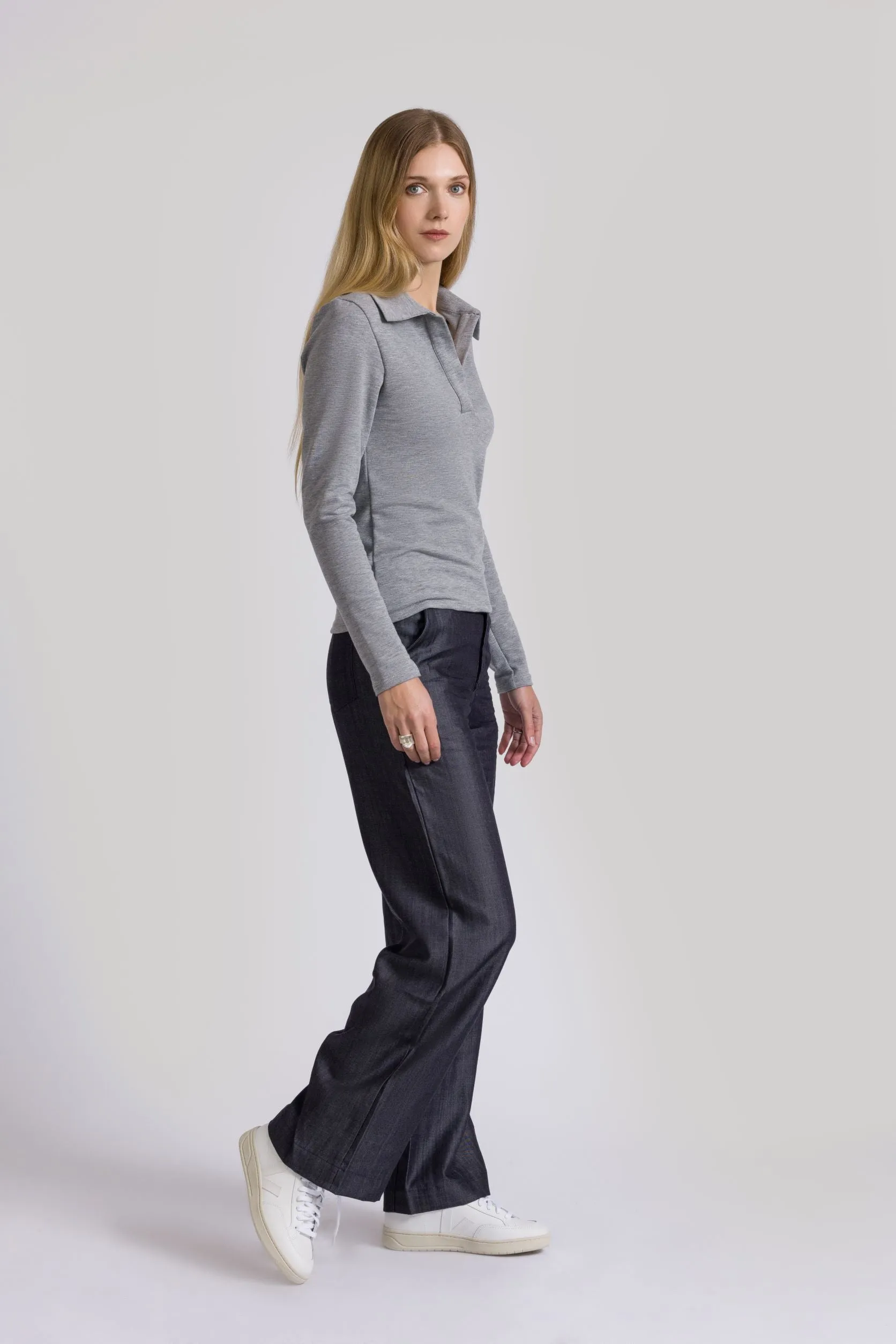 Lena Polo Knit Top Heather Grey