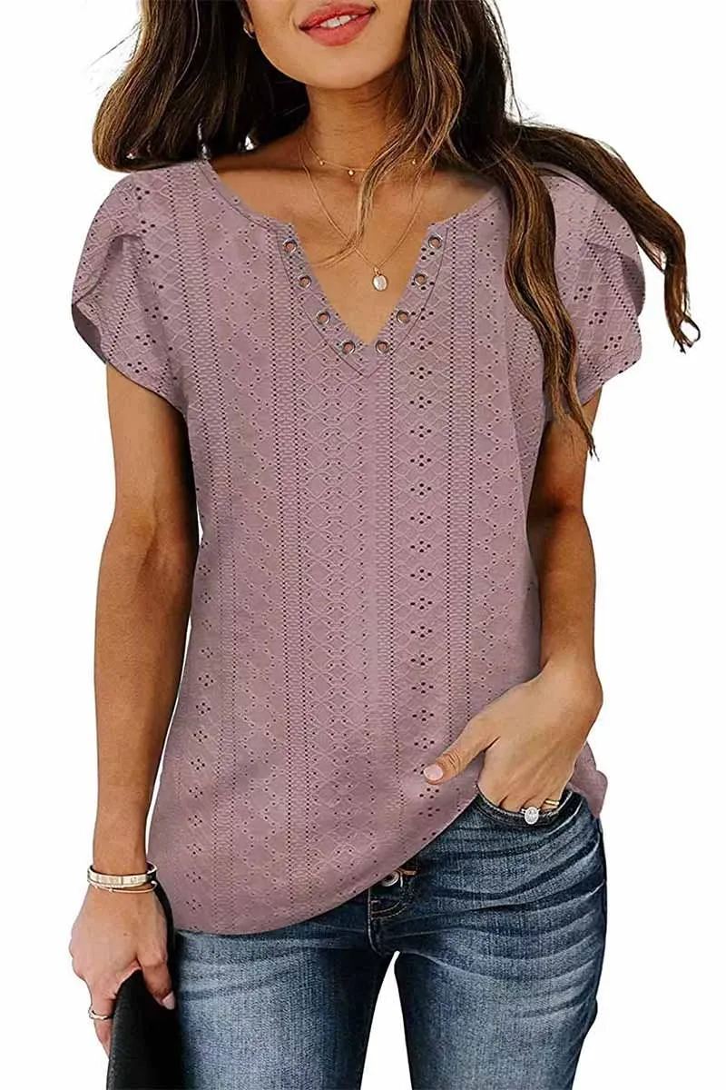 Lily Clothing Buckled V-Neck Lace Tulip Sleeve Tee