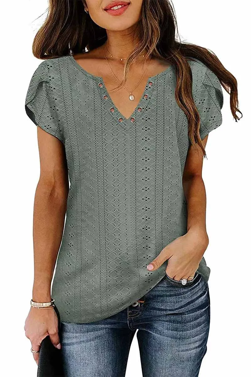 Lily Clothing Buckled V-Neck Lace Tulip Sleeve Tee