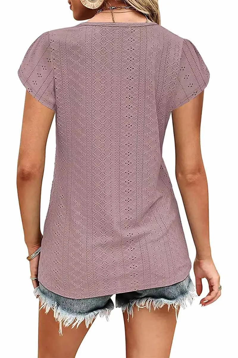 Lily Clothing Buckled V-Neck Lace Tulip Sleeve Tee