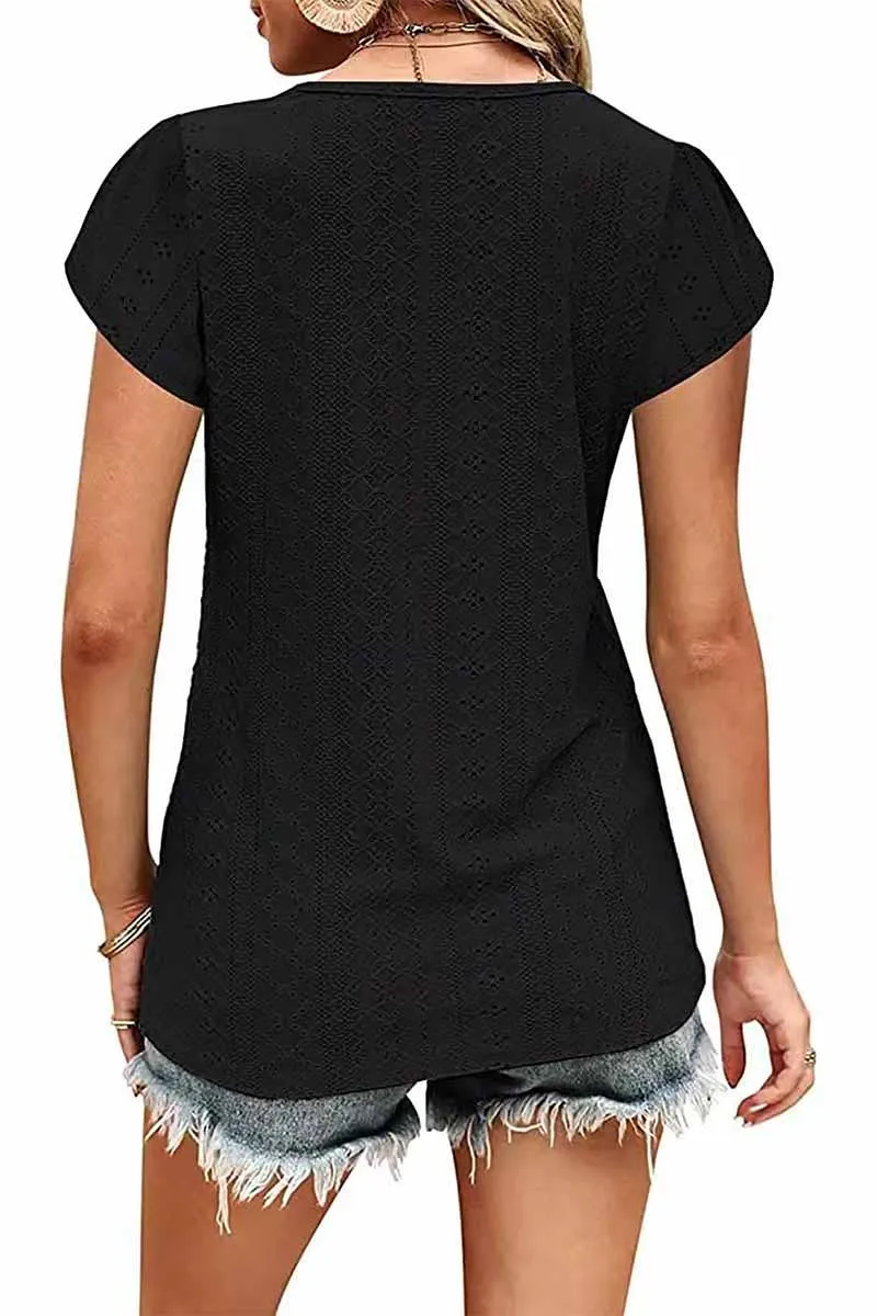 Lily Clothing Buckled V-Neck Lace Tulip Sleeve Tee