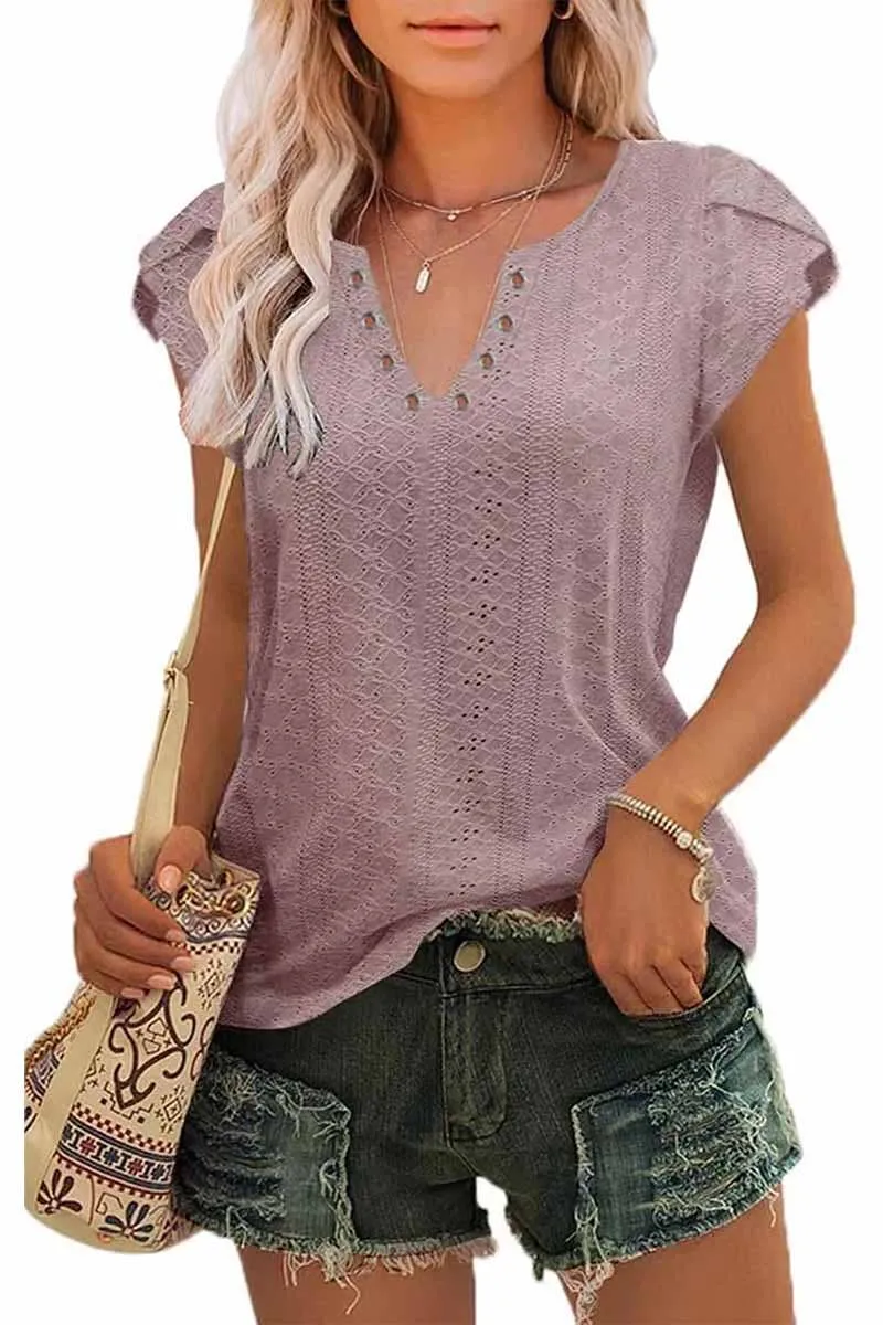 Lily Clothing Buckled V-Neck Lace Tulip Sleeve Tee