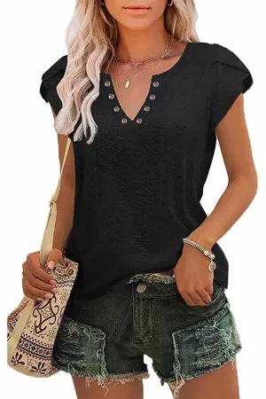 Lily Clothing Buckled V-Neck Lace Tulip Sleeve Tee