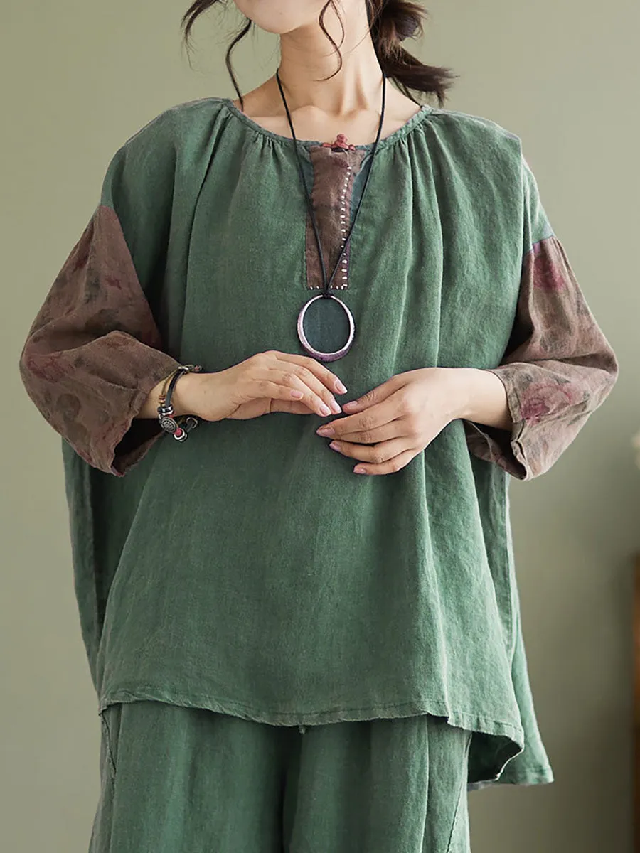 Linen Vintage Drop Shoulder Patchwork Women Loose T Shirt