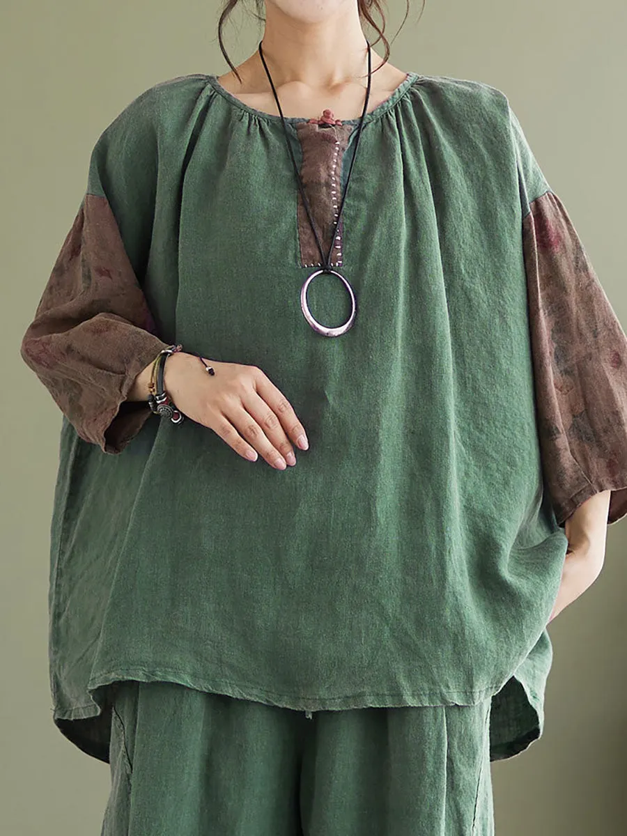 Linen Vintage Drop Shoulder Patchwork Women Loose T Shirt