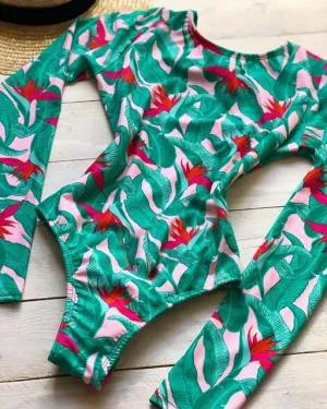 Long Sleeves Women One Piece Swimsuit Floral Swimwear