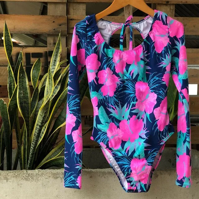 Long Sleeves Women One Piece Swimsuit Floral Swimwear