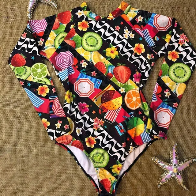 Long Sleeves Women One Piece Swimsuit Floral Swimwear