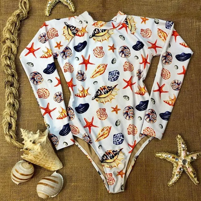 Long Sleeves Women One Piece Swimsuit Floral Swimwear