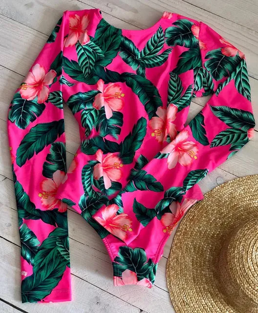 Long Sleeves Women One Piece Swimsuit Floral Swimwear