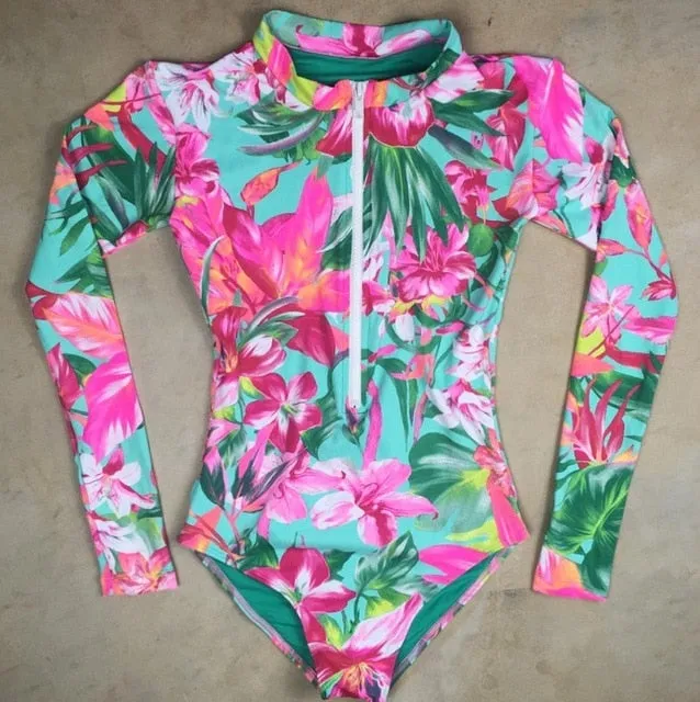 Long Sleeves Women One Piece Swimsuit Floral Swimwear