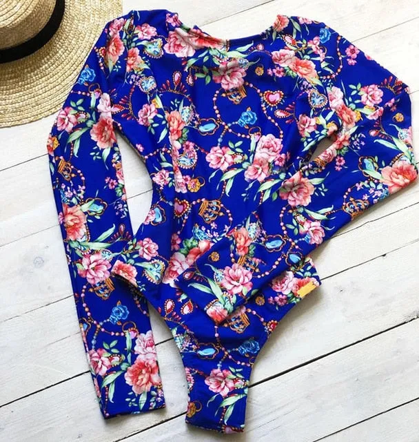 Long Sleeves Women One Piece Swimsuit Floral Swimwear
