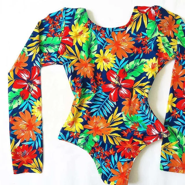Long Sleeves Women One Piece Swimsuit Floral Swimwear