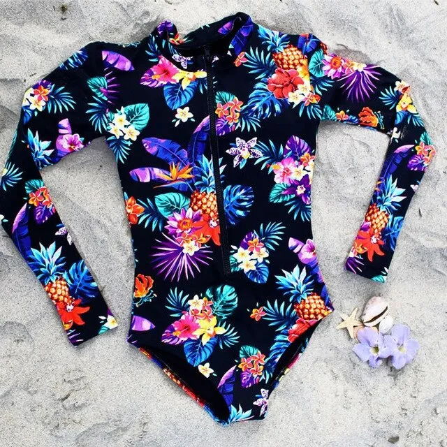 Long Sleeves Women One Piece Swimsuit Floral Swimwear