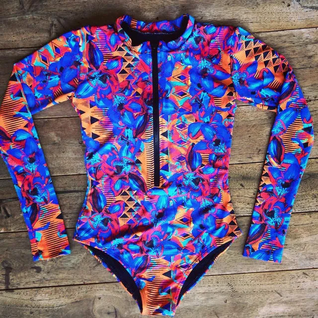 Long Sleeves Women One Piece Swimsuit Floral Swimwear