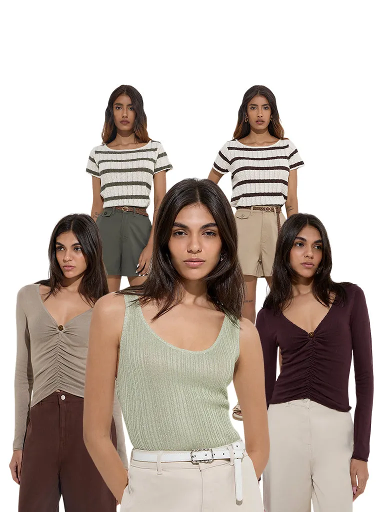 LOV Brown Striped Knit-Textured Cotton-Blend Top
