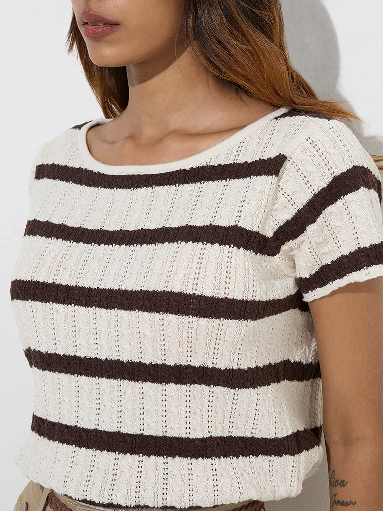 LOV Brown Striped Knit-Textured Cotton-Blend Top