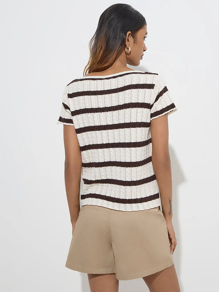 LOV Brown Striped Knit-Textured Cotton-Blend Top