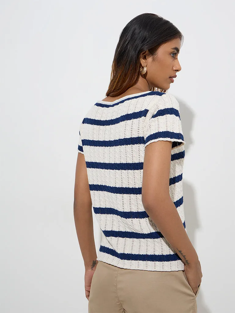 LOV Navy Striped Knit-Textured Cotton-Blend Top