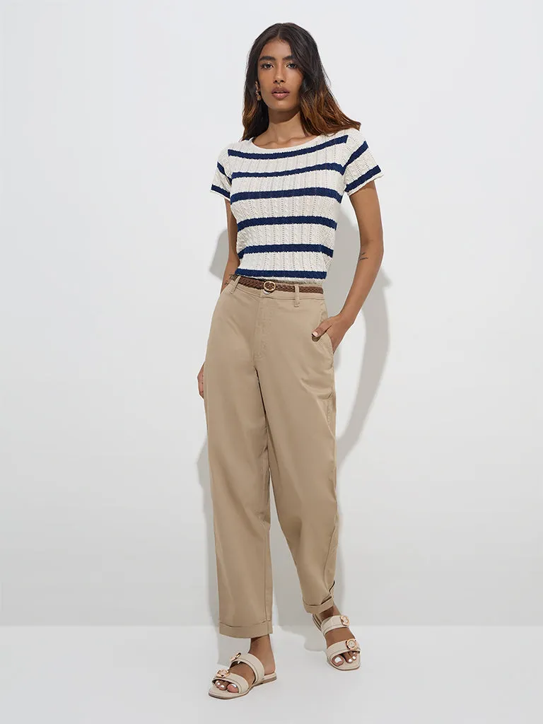 LOV Navy Striped Knit-Textured Cotton-Blend Top
