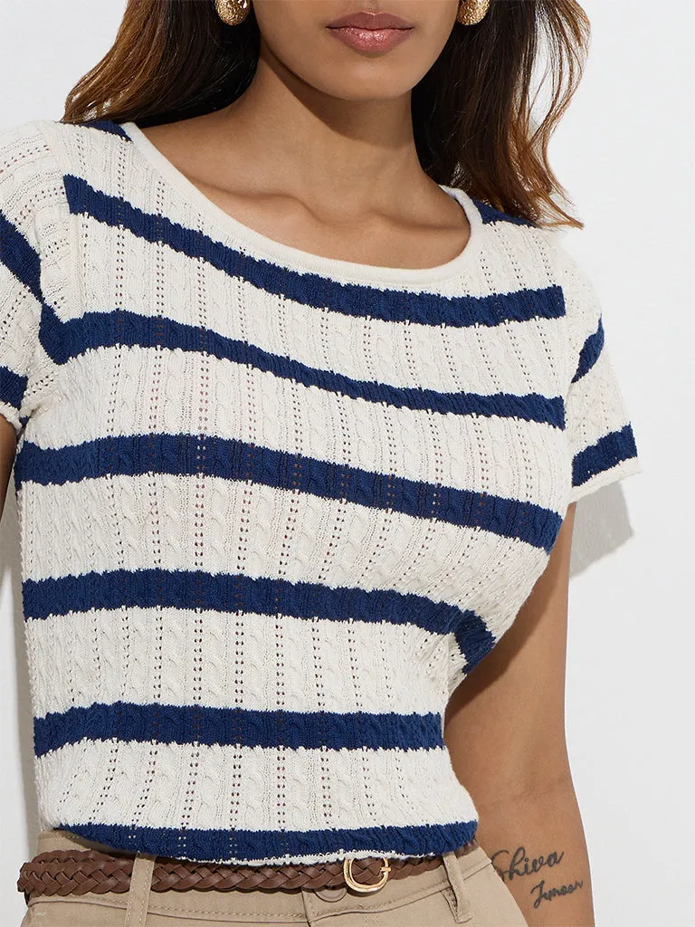 LOV Navy Striped Knit-Textured Cotton-Blend Top