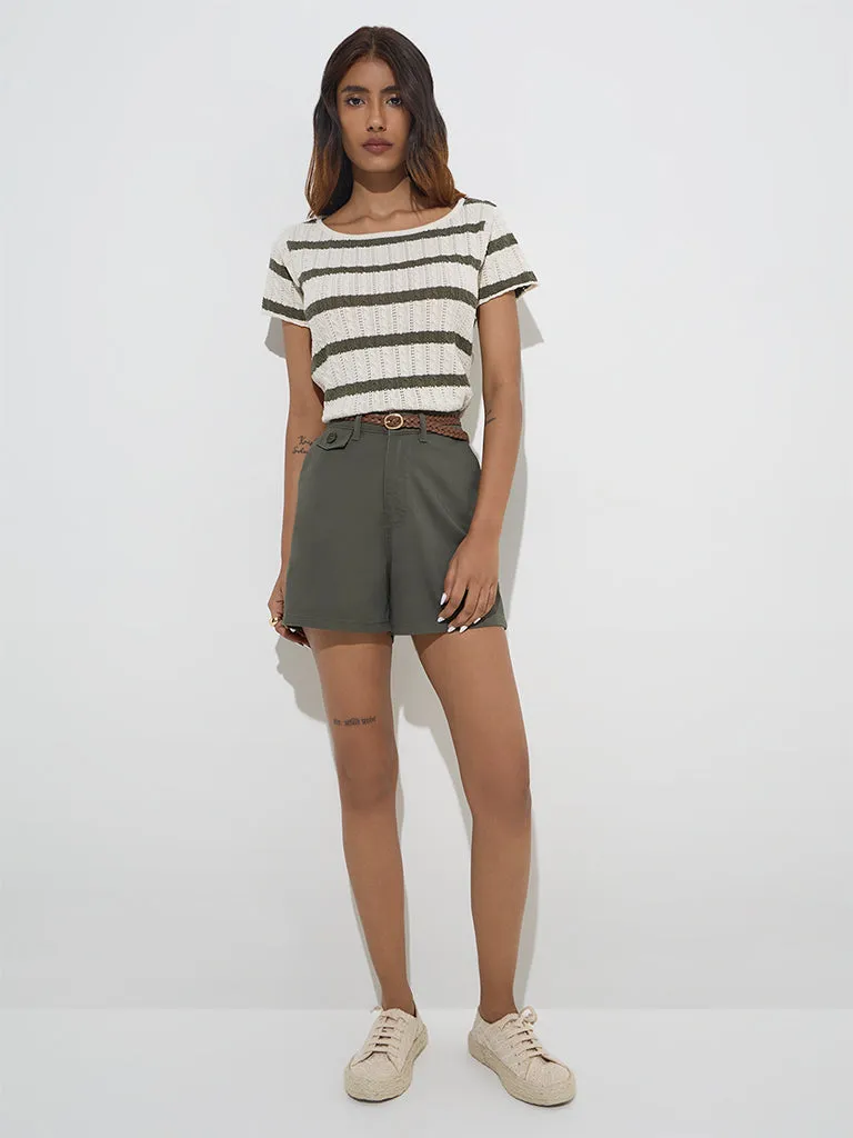 LOV Olive Striped Knit-Textured Cotton-Blend Top