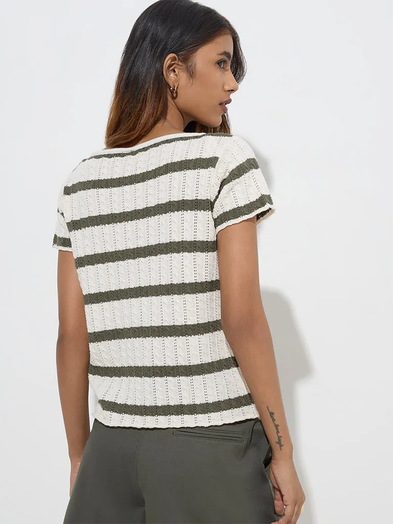LOV Olive Striped Knit-Textured Cotton-Blend Top