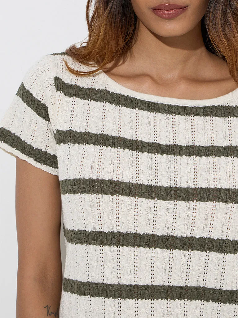 LOV Olive Striped Knit-Textured Cotton-Blend Top