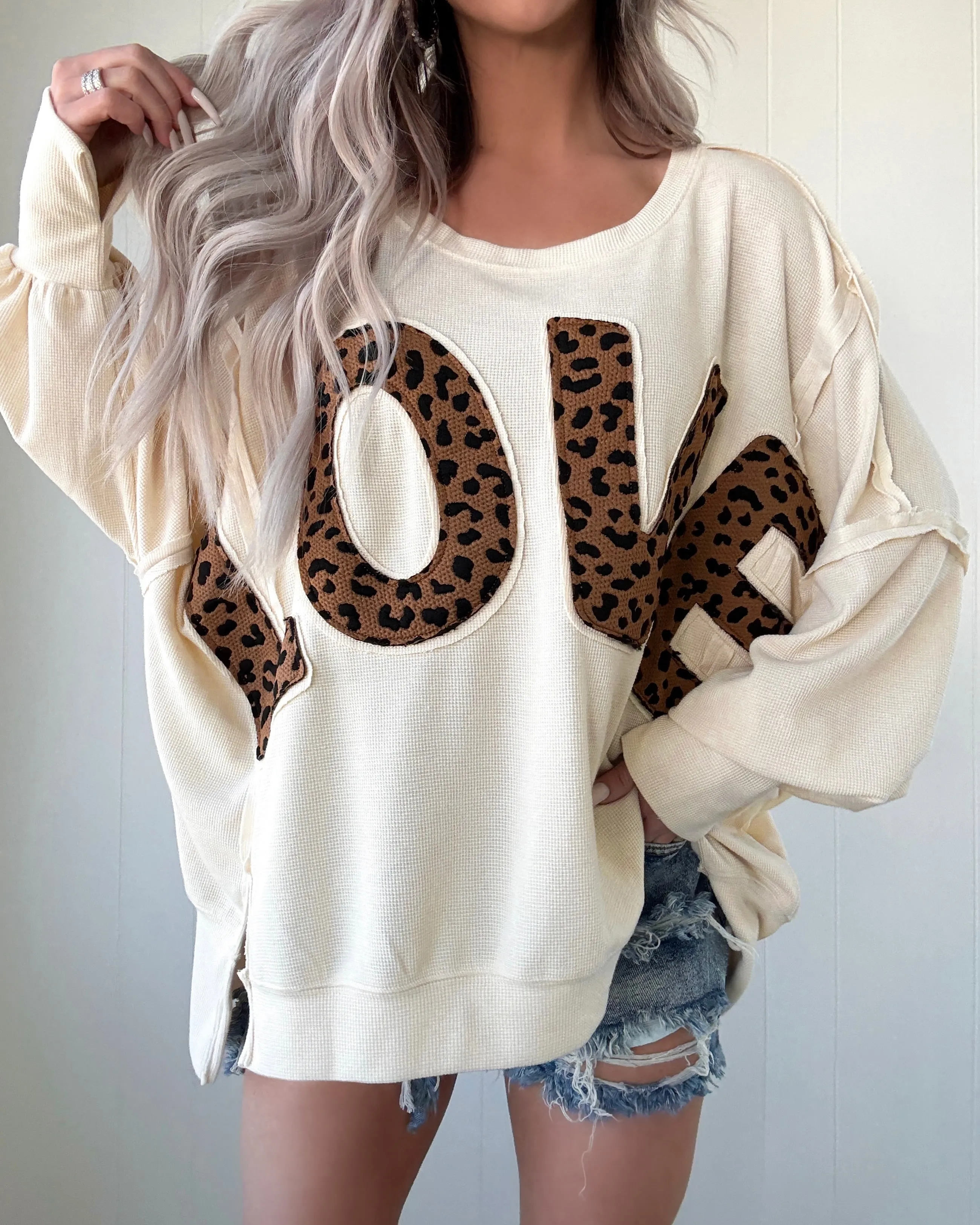 Love Leopard Patchwork Oversized Top - Oatmeal