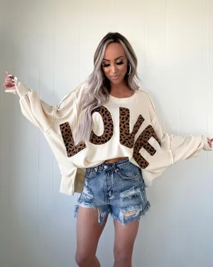 Love Leopard Patchwork Oversized Top - Oatmeal