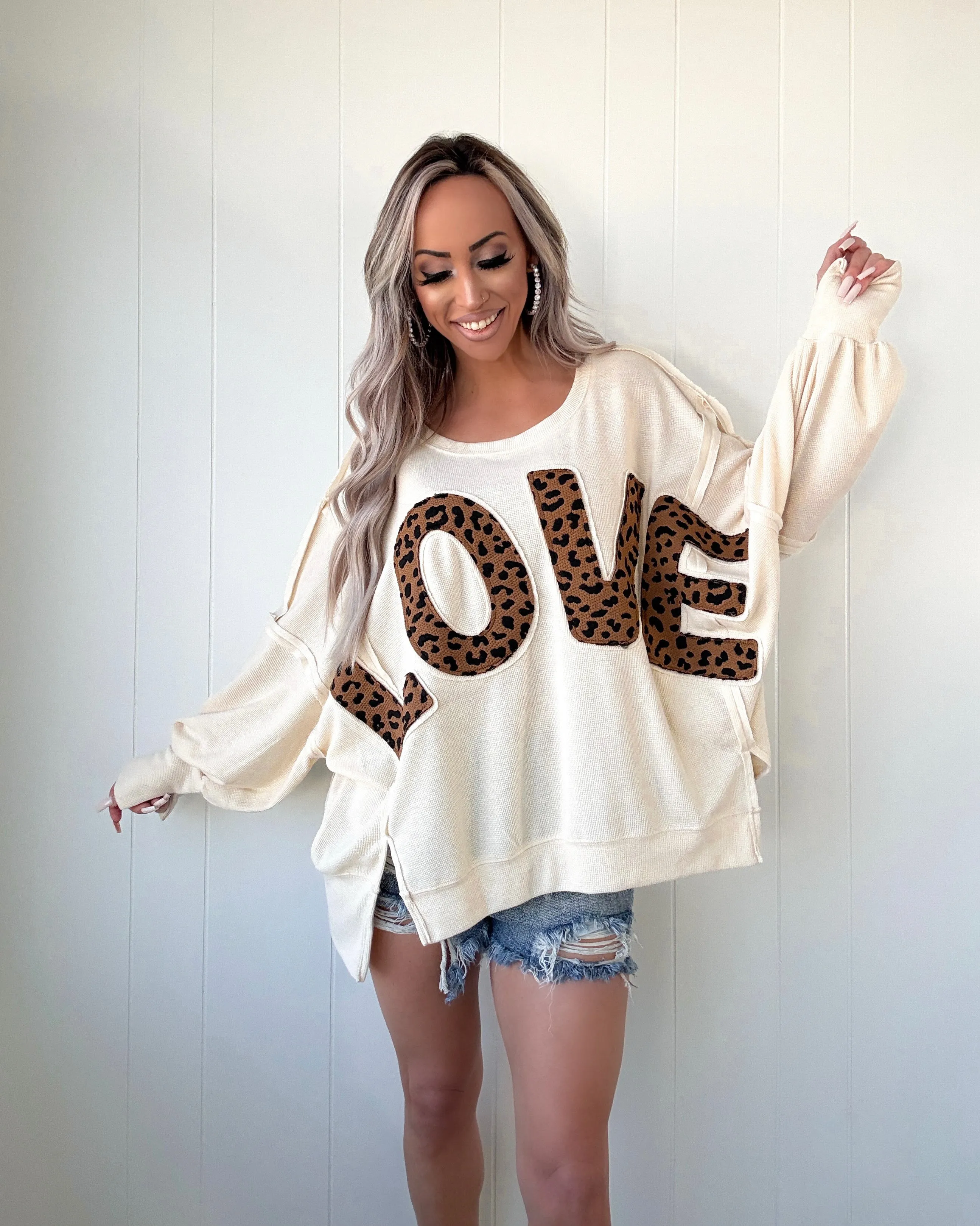 Love Leopard Patchwork Oversized Top - Oatmeal