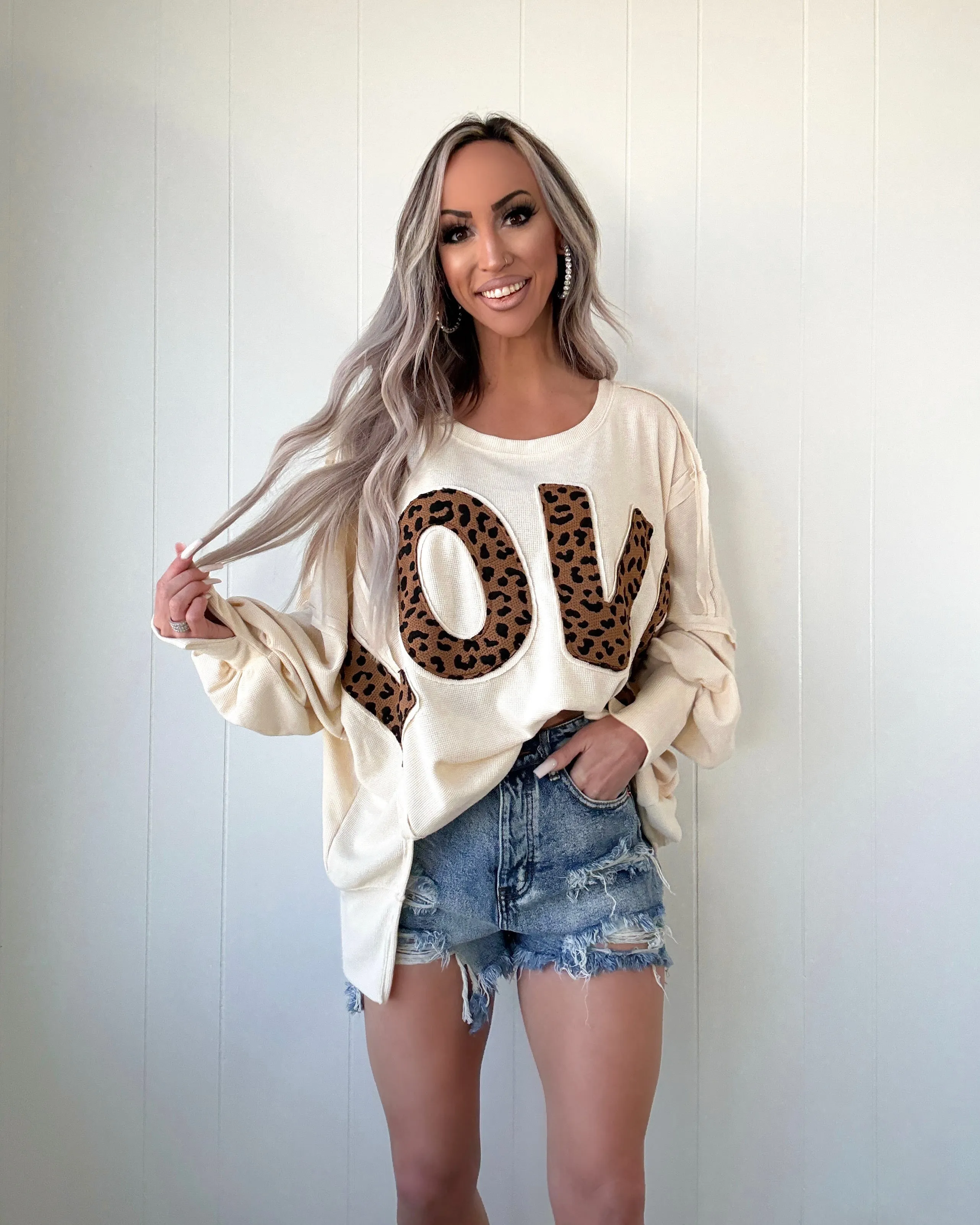 Love Leopard Patchwork Oversized Top - Oatmeal