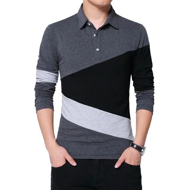 Mens T Shirt with Collar Color Patchwork