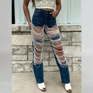 New Fashion Beaded Chain Spliced Straight Jeans for Women Large Holes Hollow Out Denim Pants Trendy Streetwear Jeans