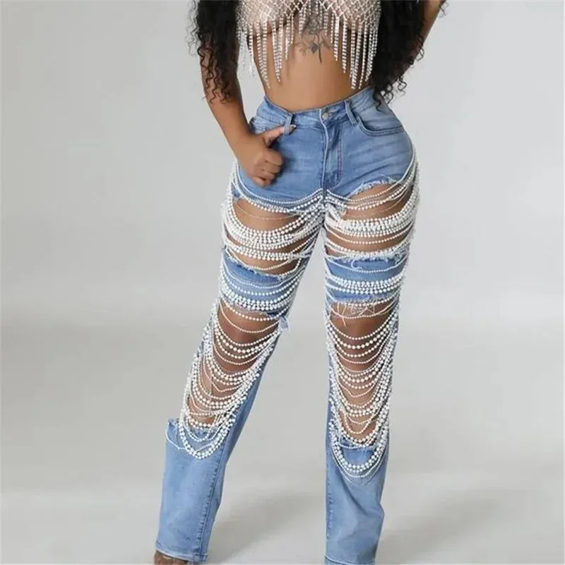 New Fashion Beaded Chain Spliced Straight Jeans for Women Large Holes Hollow Out Denim Pants Trendy Streetwear Jeans