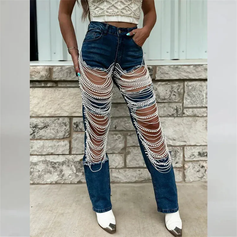 New Fashion Beaded Chain Spliced Straight Jeans for Women Large Holes Hollow Out Denim Pants Trendy Streetwear Jeans