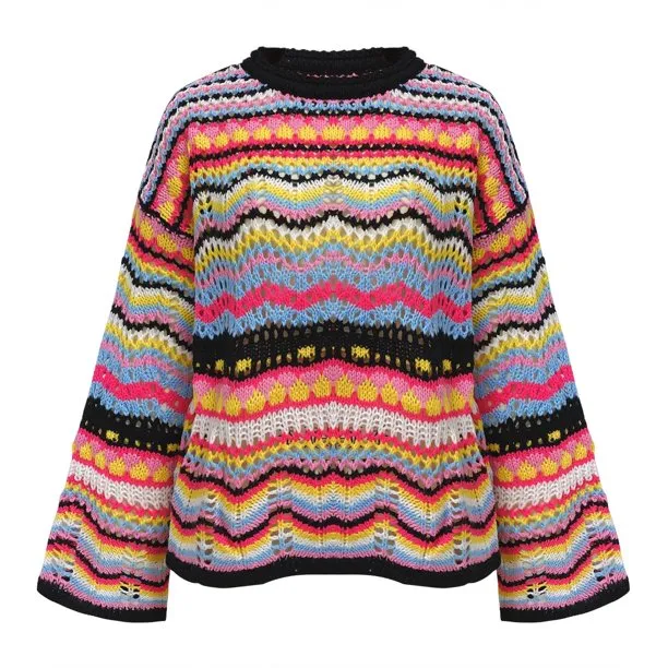 NEW Retails $60 WREESH Women's Printed Long O-Neck Sleeve Style Loose Sweaters Ladies Tops Sz L