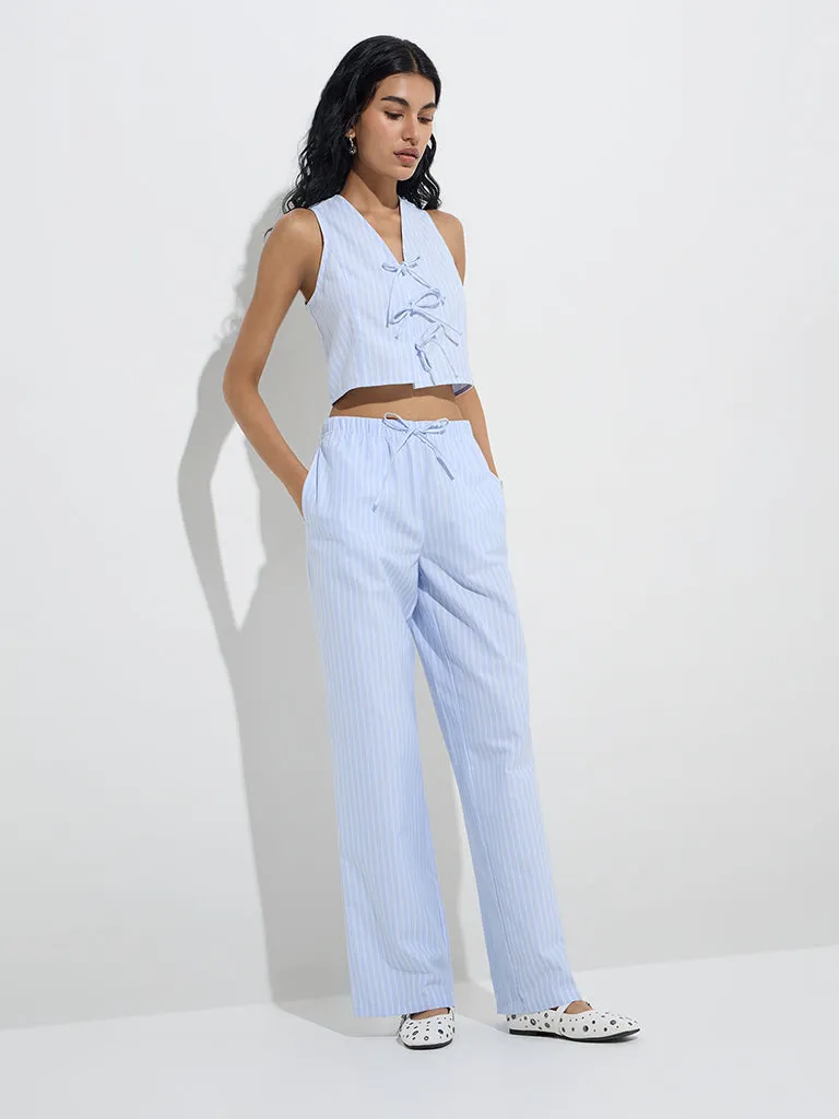 Nuon Blue Bow-Detailed Striped Cotton-Blend Top