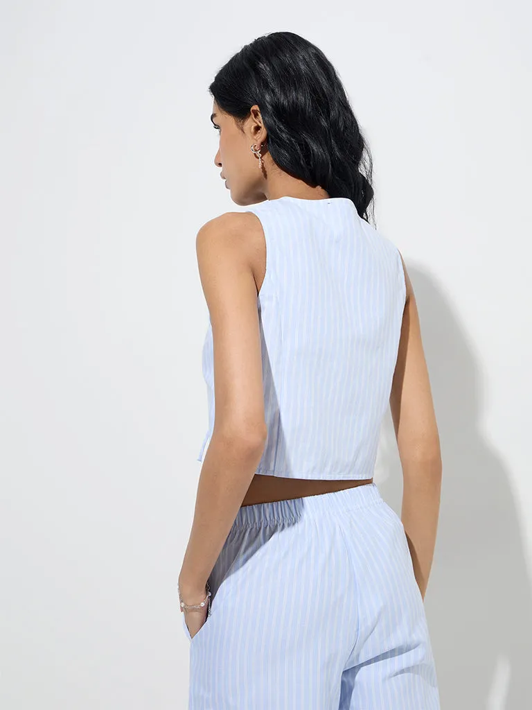 Nuon Blue Bow-Detailed Striped Cotton-Blend Top