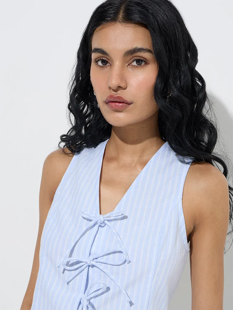 Nuon Blue Bow-Detailed Striped Cotton-Blend Top