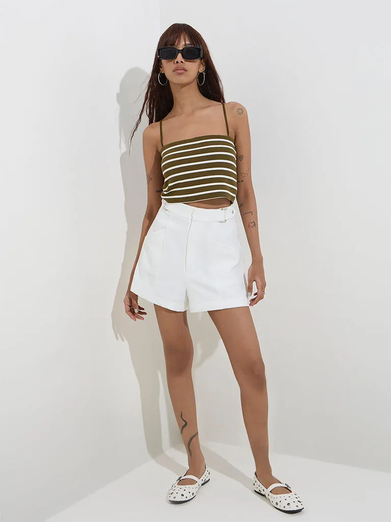 Nuon Olive Stripe Printed Cotton-Blend Crop Top