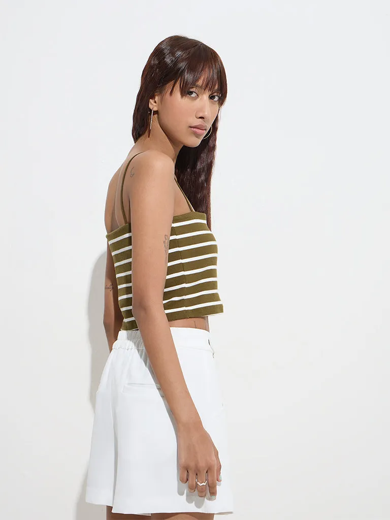 Nuon Olive Stripe Printed Cotton-Blend Crop Top