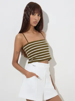 Nuon Olive Stripe Printed Cotton-Blend Crop Top