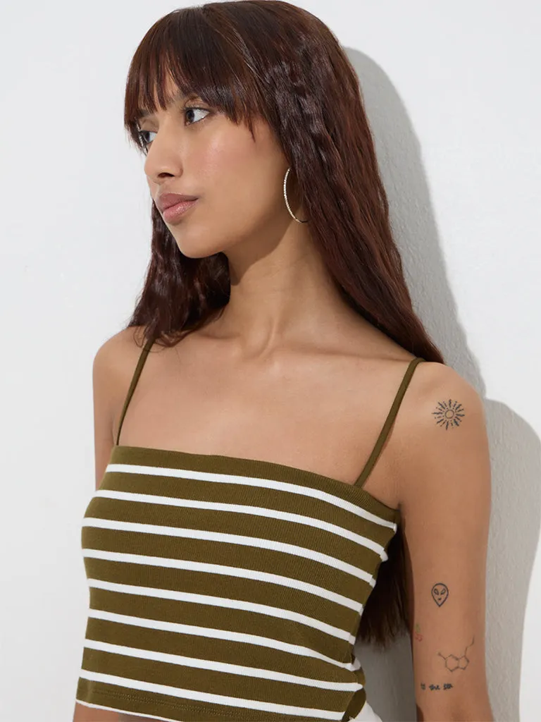 Nuon Olive Stripe Printed Cotton-Blend Crop Top
