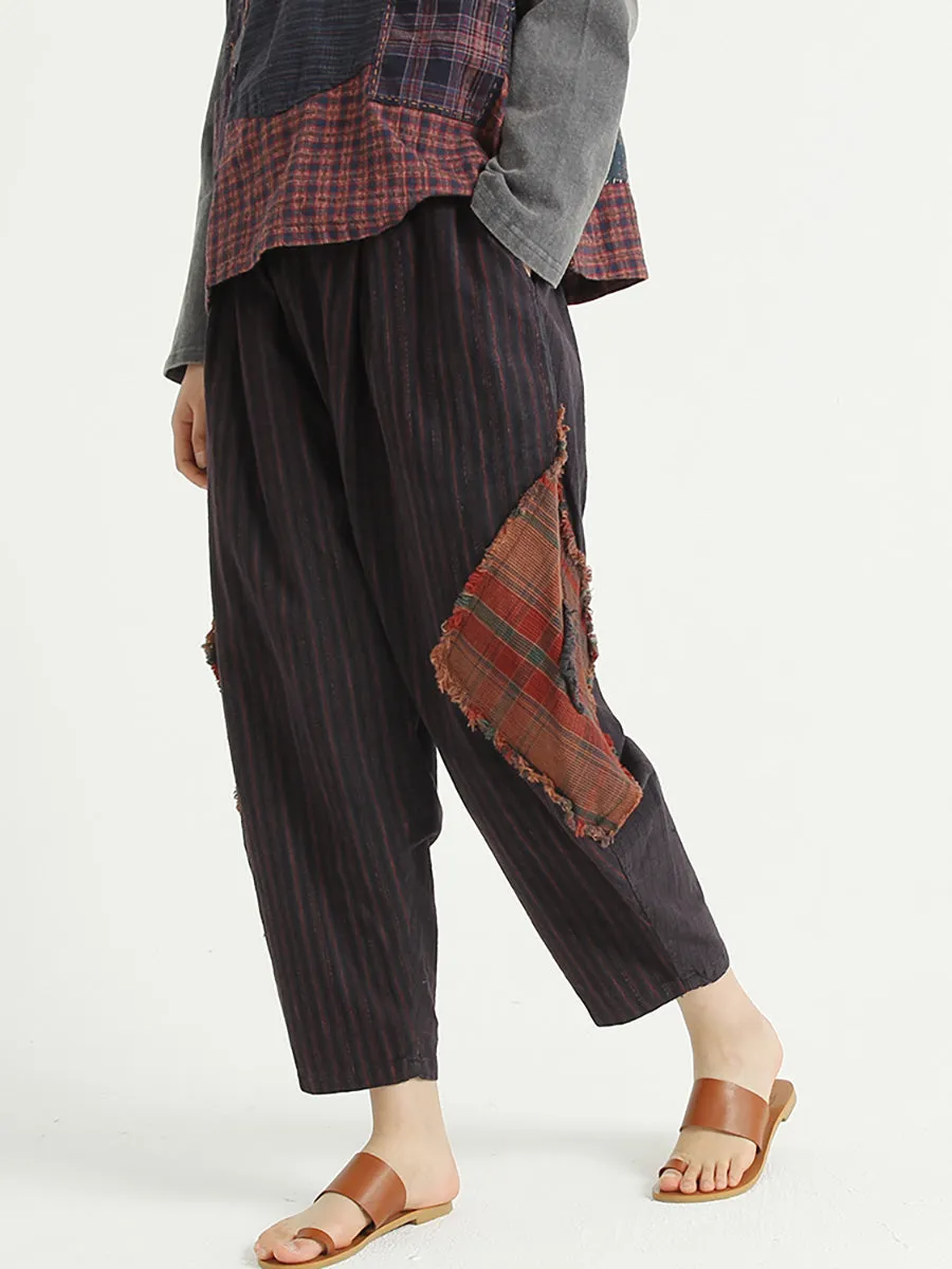 Plaid Patchwork Linen Loose Women Harem Pants